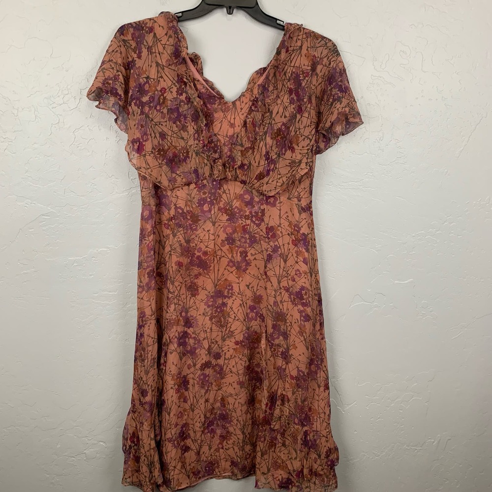 Sundance Silk Dress Floral Pink Ruffles Flutter Sleeve Fully Lined Size 12